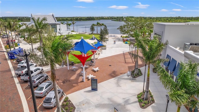 drone / aerial view featuring a water view