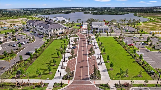 drone / aerial view featuring a water view