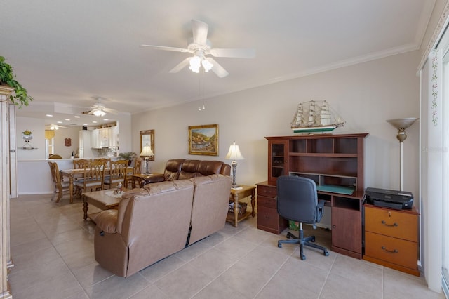 tiled living room with crown molding and ceiling fan