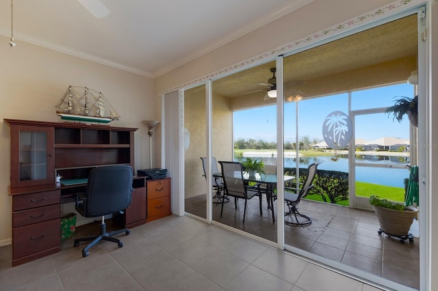 office featuring light tile patterned floors, ornamental molding, ceiling fan, and a water view