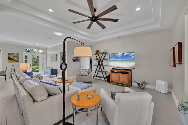 3301 River Woods Dr, Parrish, FL 34219 - living area featuring ceiling fan, a raised ceiling, baseboards, french doors, and recessed lighting