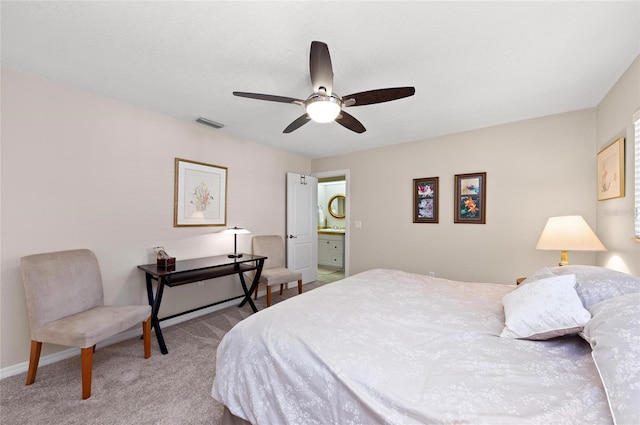 carpeted bedroom with ceiling fan