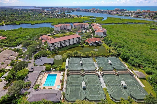 birds eye view of property featuring a water view