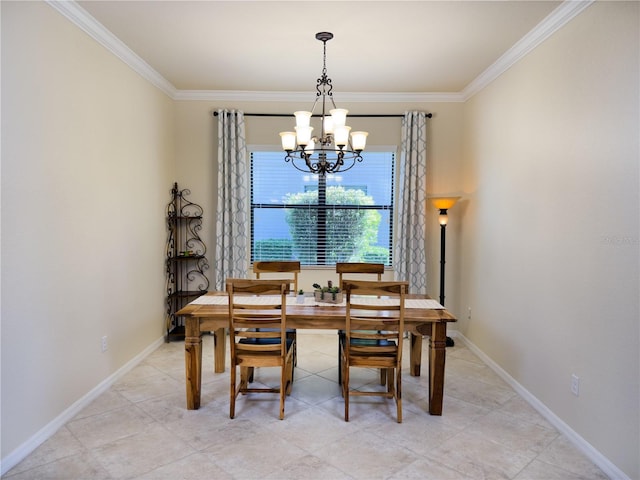 dining space featuring crown molding, baseboards, and a notable chandelier