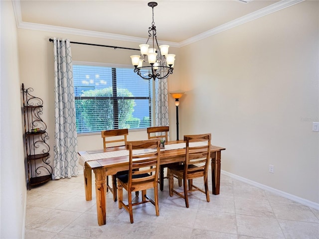 dining space with ornamental molding, light tile patterned floors, baseboards, and an inviting chandelier