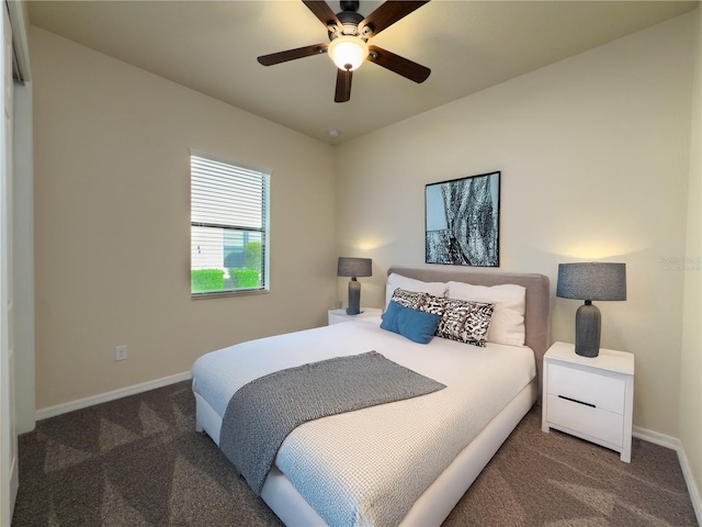 bedroom featuring carpet, a ceiling fan, and baseboards