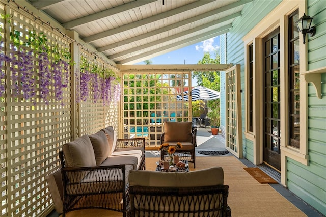 view of patio with an outdoor hangout area and covered porch