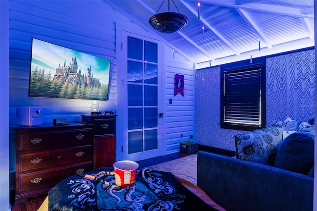 interior space with lofted ceiling with beams