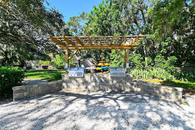 view of patio with area for grilling, a grill, and a pergola