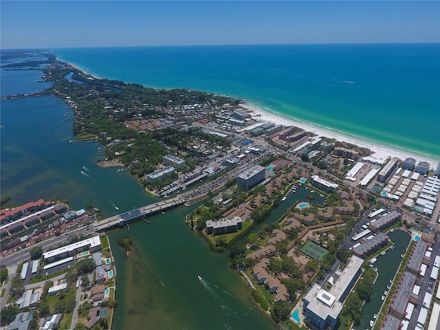 aerial view featuring a beach view and a water view