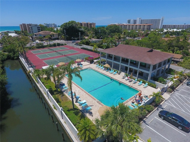 drone / aerial view with a water view