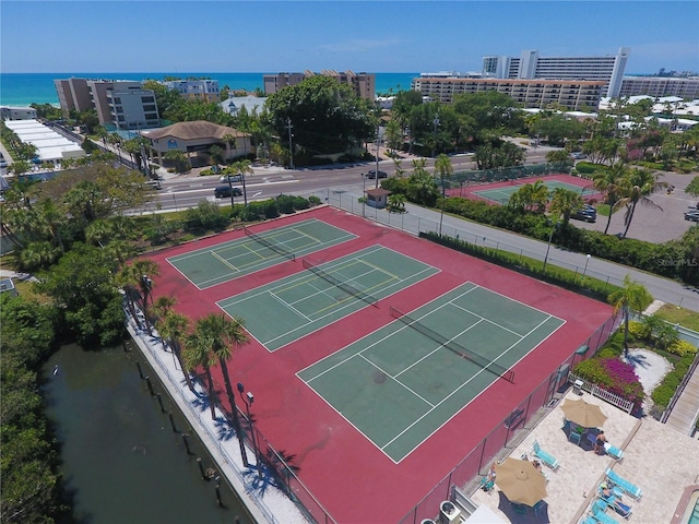 bird's eye view with a water view