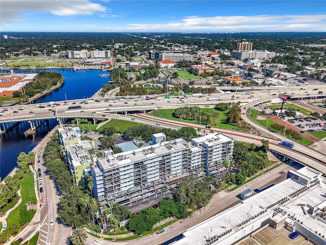 birds eye view of property featuring a water view