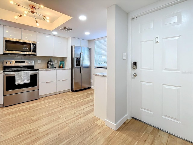 kitchen with white cabinetry, backsplash, stainless steel appliances, and light wood-type flooring