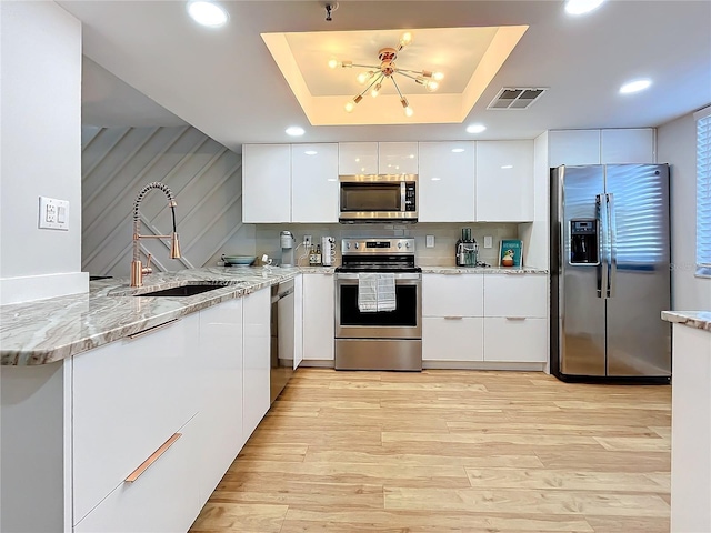 kitchen with sink, white cabinets, a tray ceiling, stainless steel appliances, and light stone countertops