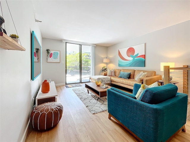 living room featuring a wall of windows and light hardwood / wood-style flooring