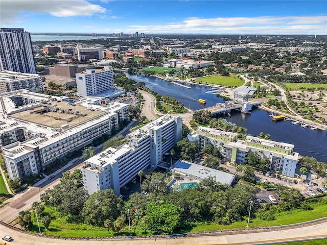 drone / aerial view with a water view