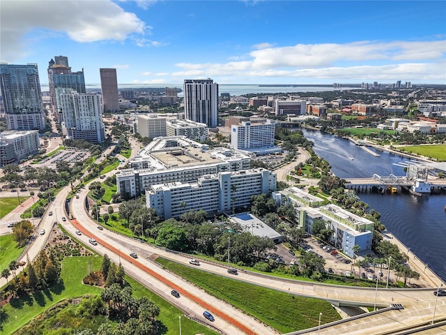 drone / aerial view with a water view