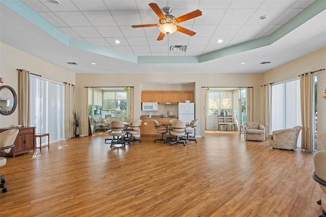 living room featuring a raised ceiling, plenty of natural light, and light wood-type flooring