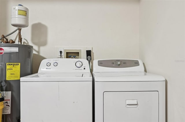 laundry room with electric water heater and washer and clothes dryer