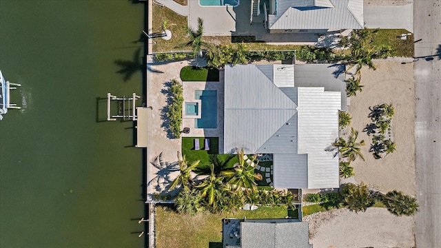 drone / aerial view featuring a water view