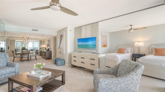 living room featuring light carpet and ceiling fan