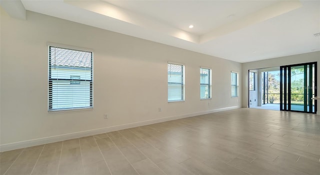 spare room with a raised ceiling and light hardwood / wood-style flooring