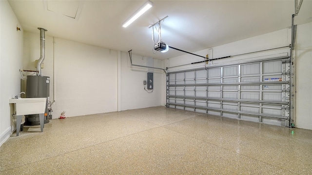 garage featuring a garage door opener, electric panel, and water heater