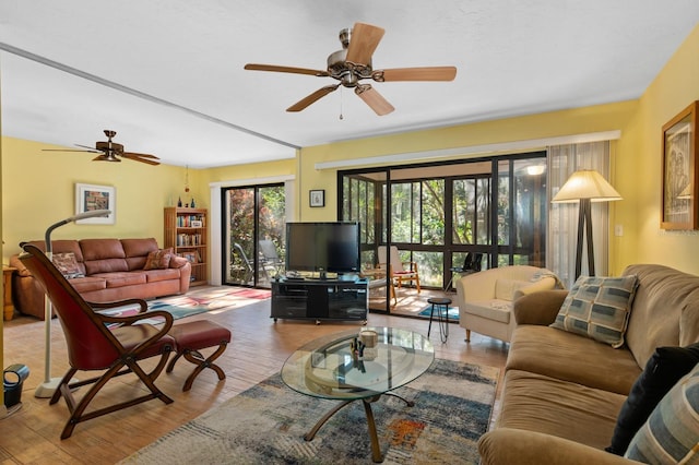 living room with ceiling fan and light hardwood / wood-style flooring