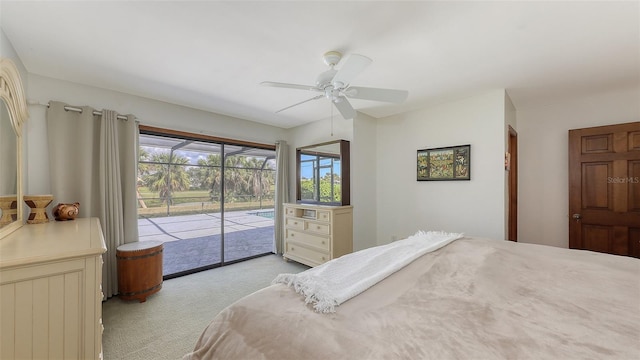 bedroom featuring a ceiling fan, light colored carpet, and access to exterior