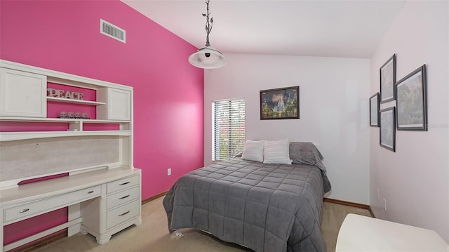 bedroom featuring baseboards, visible vents, vaulted ceiling, and light colored carpet