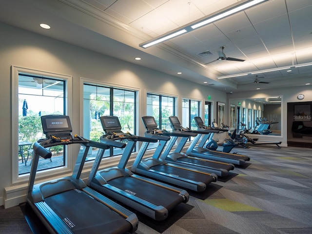 exercise room with crown molding, ceiling fan, and carpet flooring