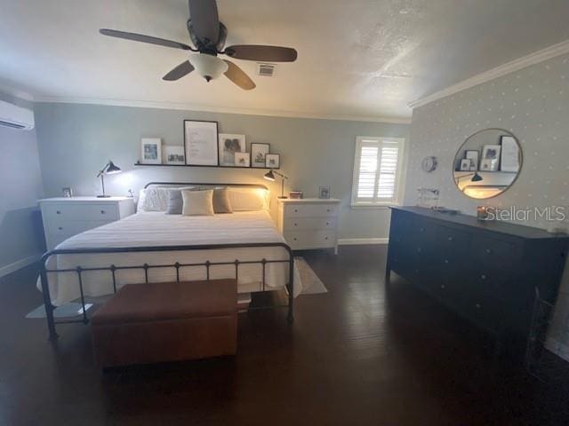 bedroom with baseboards, ceiling fan, wood finished floors, crown molding, and a wall mounted AC