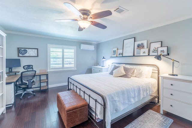 bedroom featuring visible vents, ornamental molding, an AC wall unit, and wood finished floors