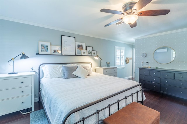bedroom featuring dark wood finished floors, wallpapered walls, crown molding, and baseboards