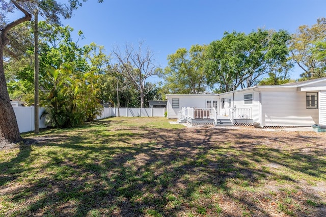 view of yard featuring a wooden deck and a fenced backyard
