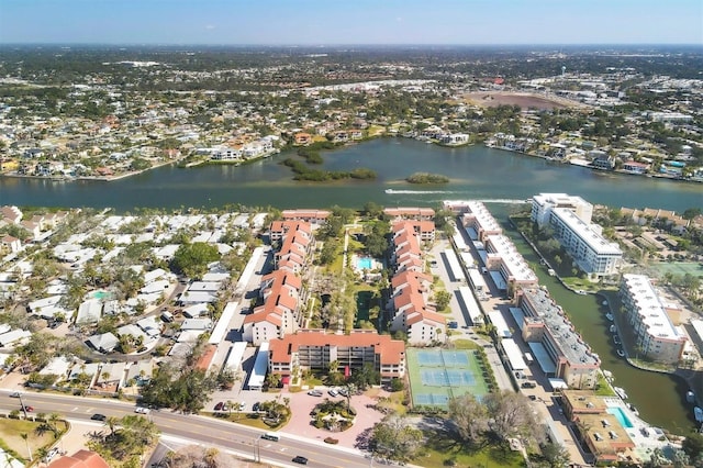 bird's eye view with a water view