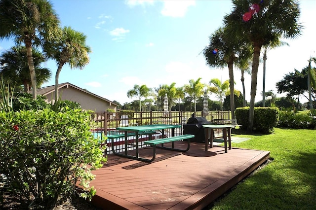 view of community featuring a deck and a lawn