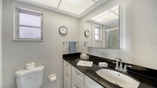 full bathroom featuring toilet, a shower stall, and vanity