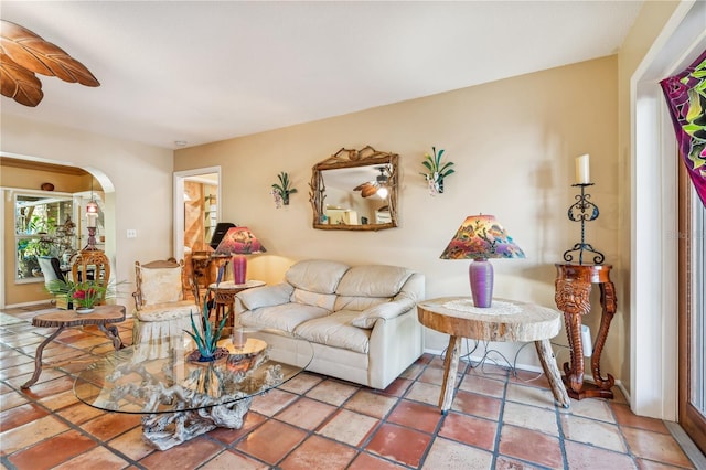 living room featuring ceiling fan