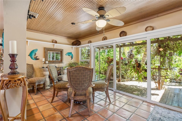 sunroom featuring wood ceiling and ceiling fan