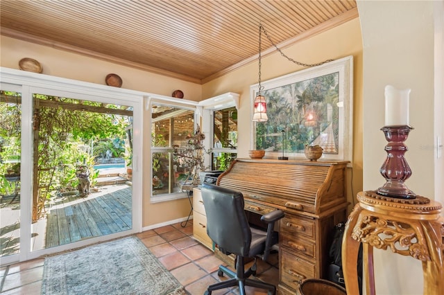 tiled home office featuring wood ceiling, ornamental molding, and a wealth of natural light