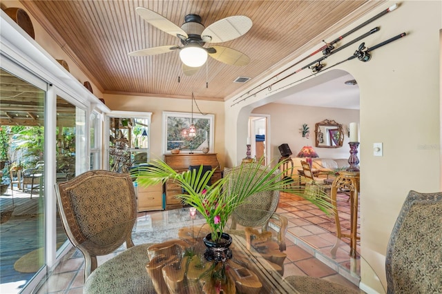 sunroom / solarium with ceiling fan and wood ceiling