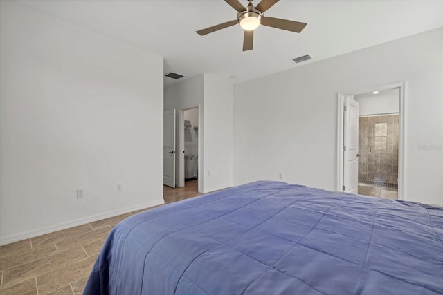 bedroom with a ceiling fan, visible vents, baseboards, and ensuite bathroom