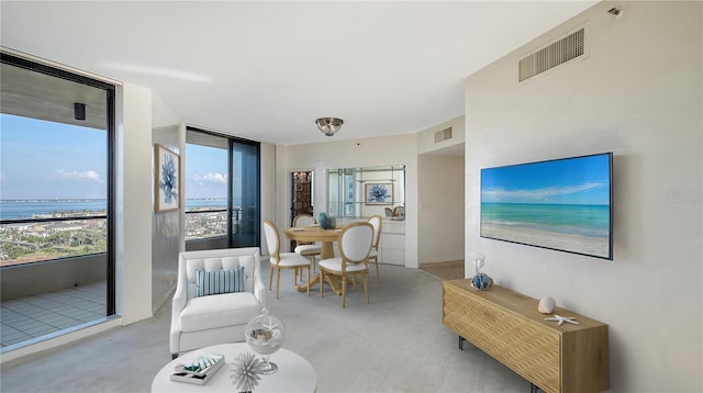 dining area with a water view