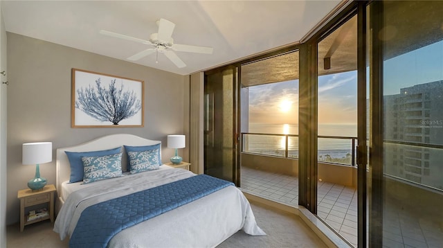 bedroom featuring tile patterned flooring and ceiling fan