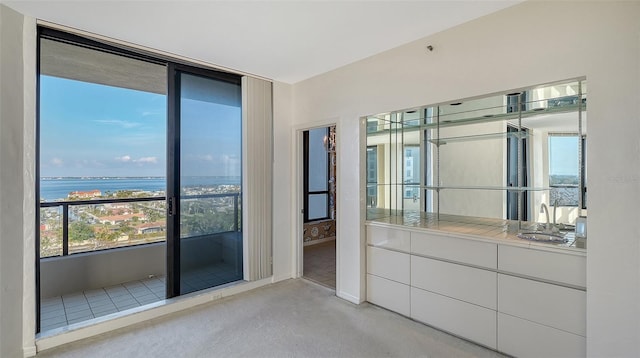 interior space with sink and a water view