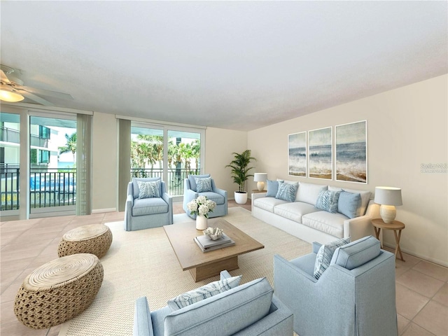 living room featuring light tile patterned floors and ceiling fan