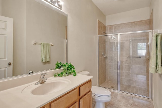 full bath featuring a stall shower, vanity, toilet, and tile patterned floors