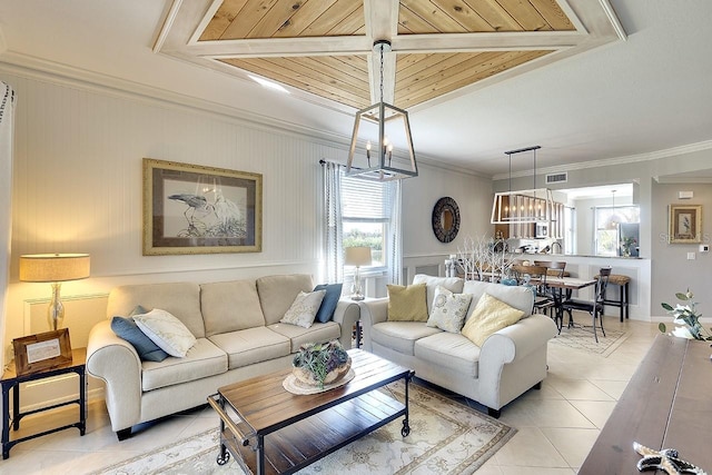 living room featuring light tile patterned flooring, ornamental molding, wood ceiling, and a chandelier